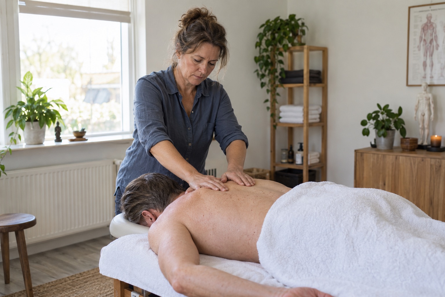 A massage therapist working in a simple practice room with a securely draped client.