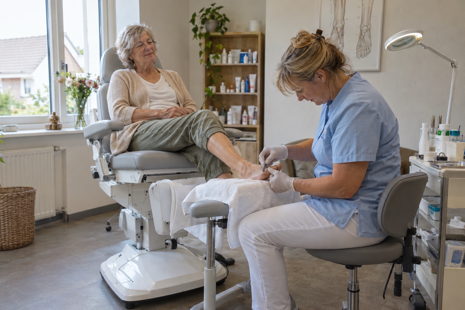 Een pedicurist verzorgt een klant in een gewone, lichte pedicurepraktijk.