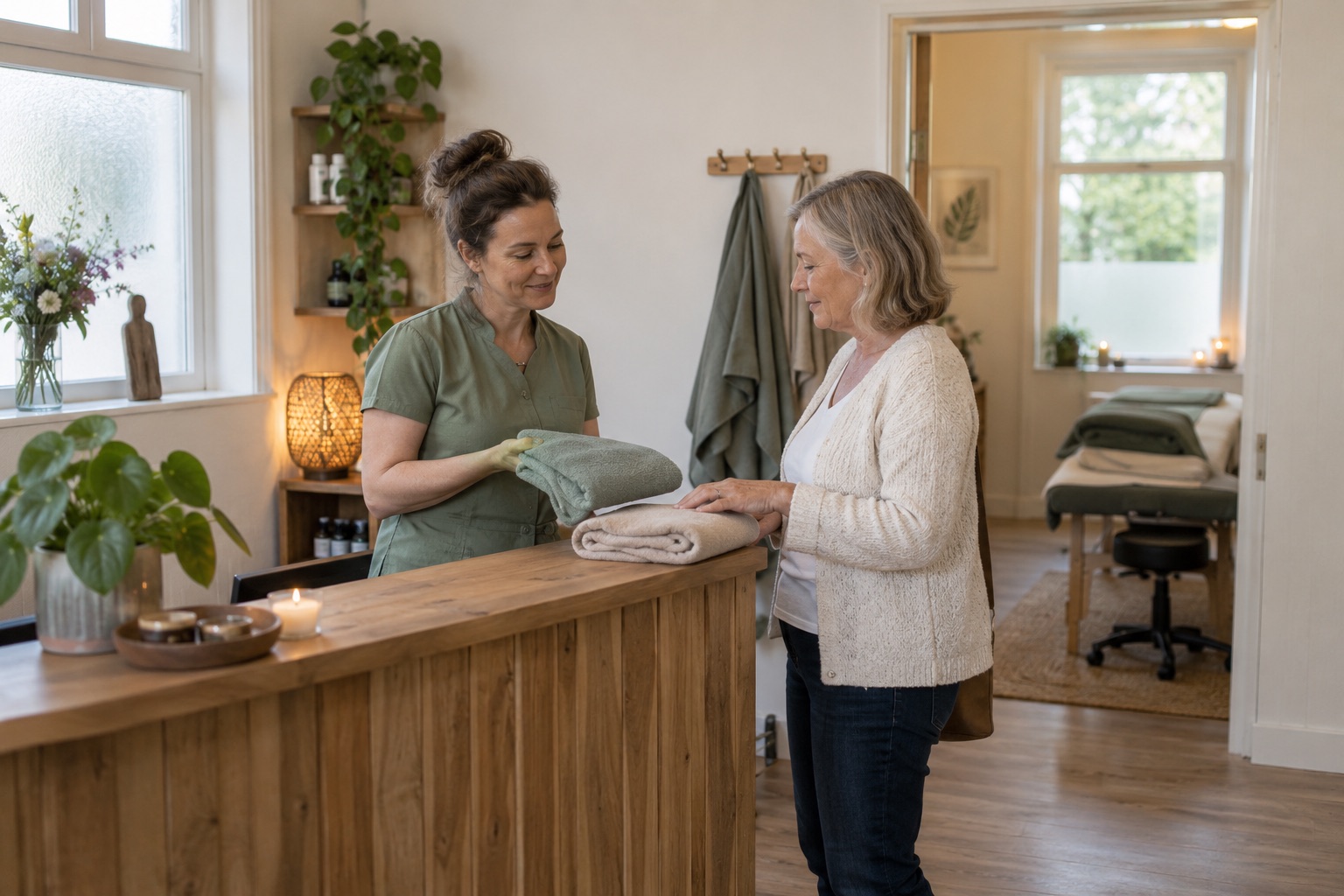 A team member welcoming a guest in a modest wellness studio.